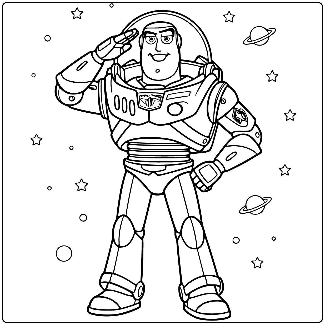 Buzz Lightyear coloring page saluting with a proud smile