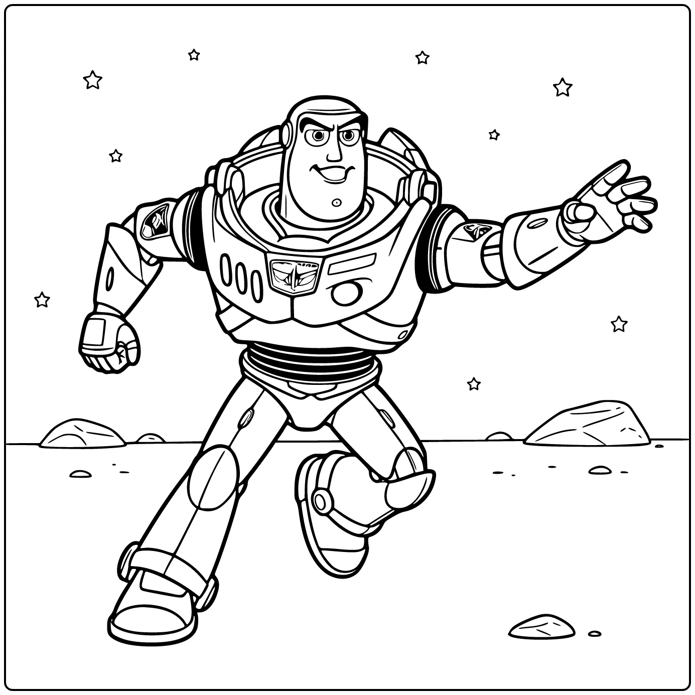 Buzz Lightyear coloring page running forward on a rescue mission