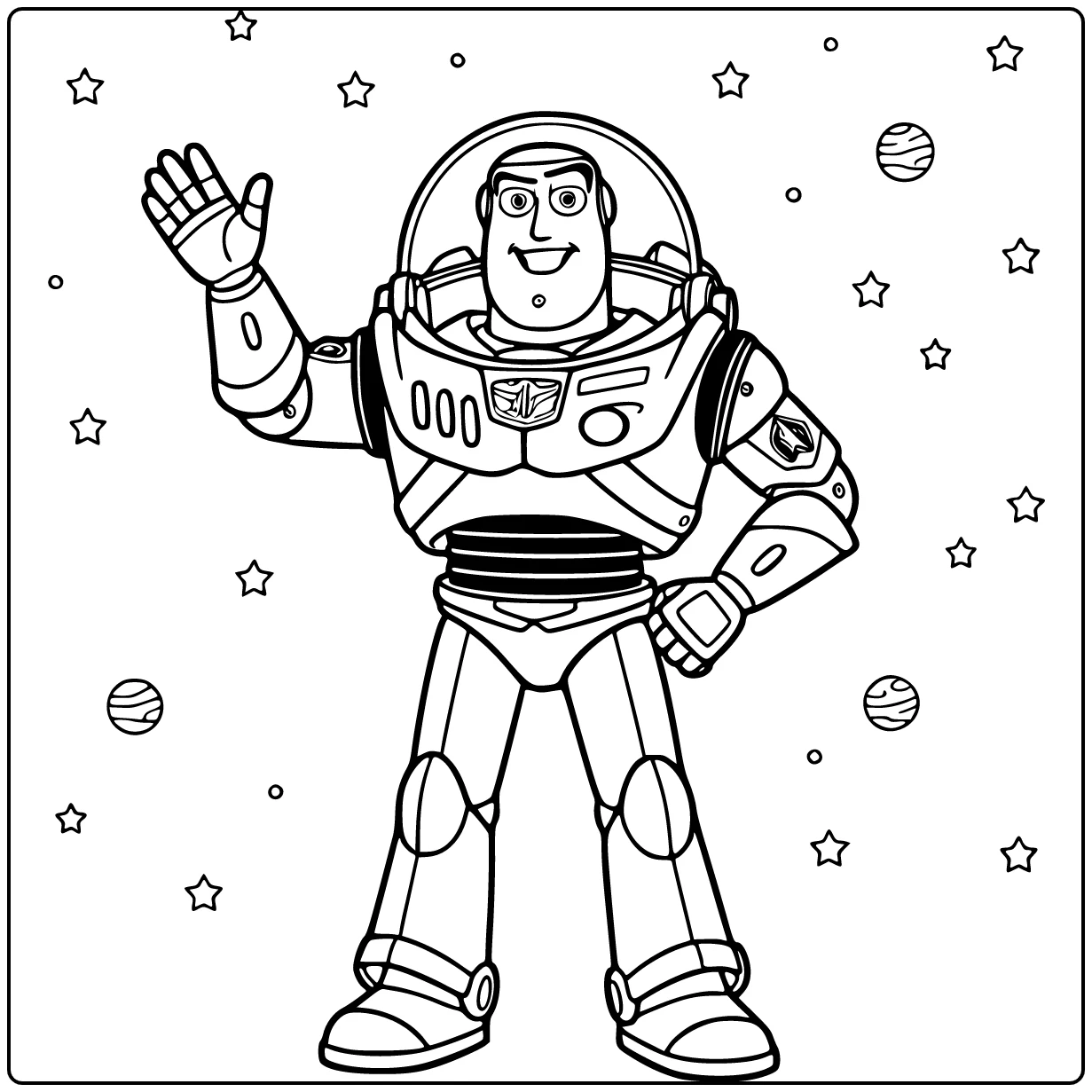Buzz Lightyear coloring page waving with a friendly smile