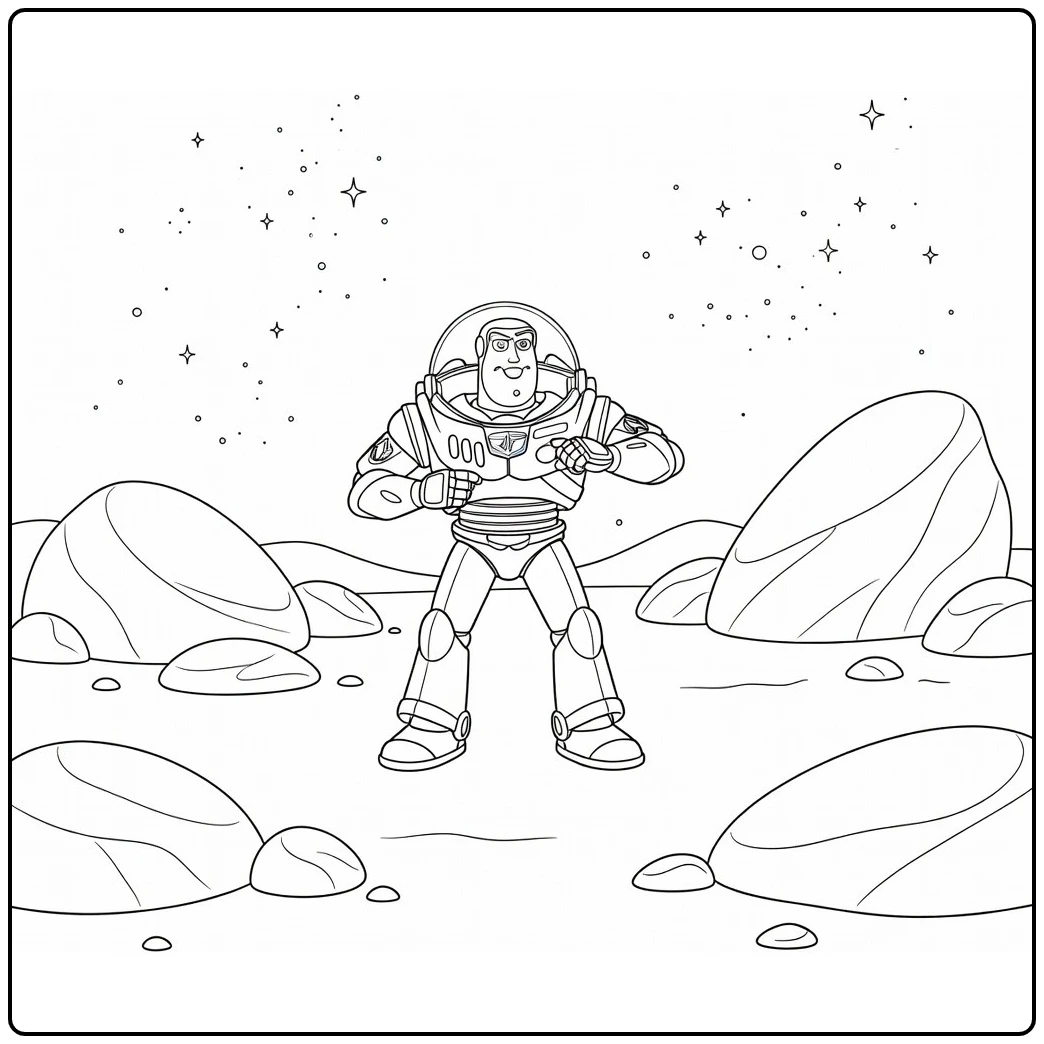 Buzz Lightyear coloring page standing on a rocky alien planet