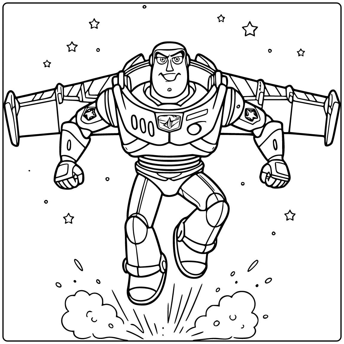 Buzz Lightyear coloring page landing with wings spread