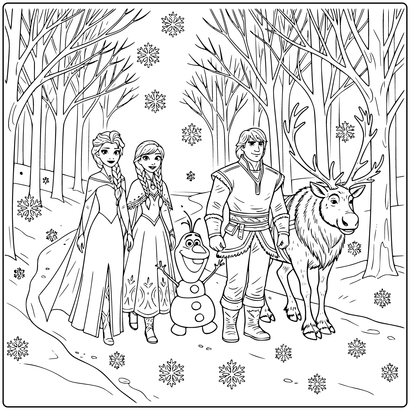 Cartoon Frozen Elsa Anna Olaf Kristoff Sven coloring page