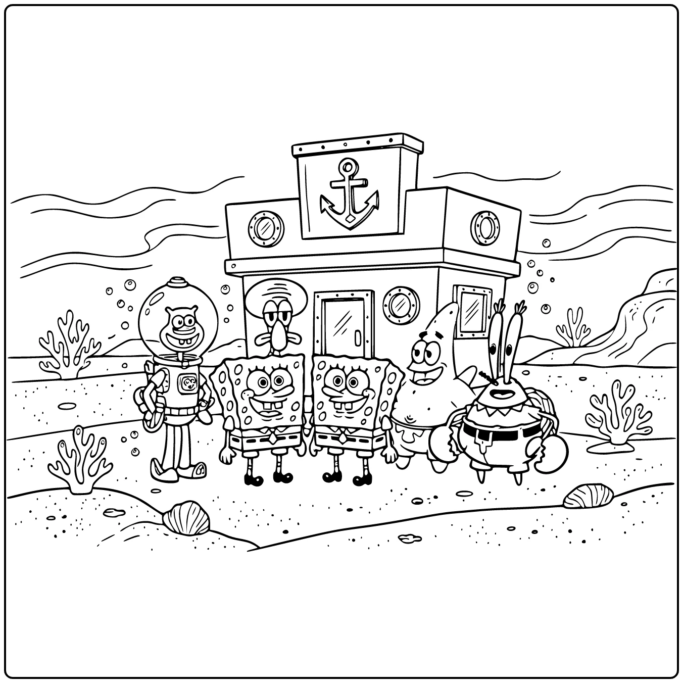 Cartoon Scene Spongebob Patrick Squidward Sandy coloring page