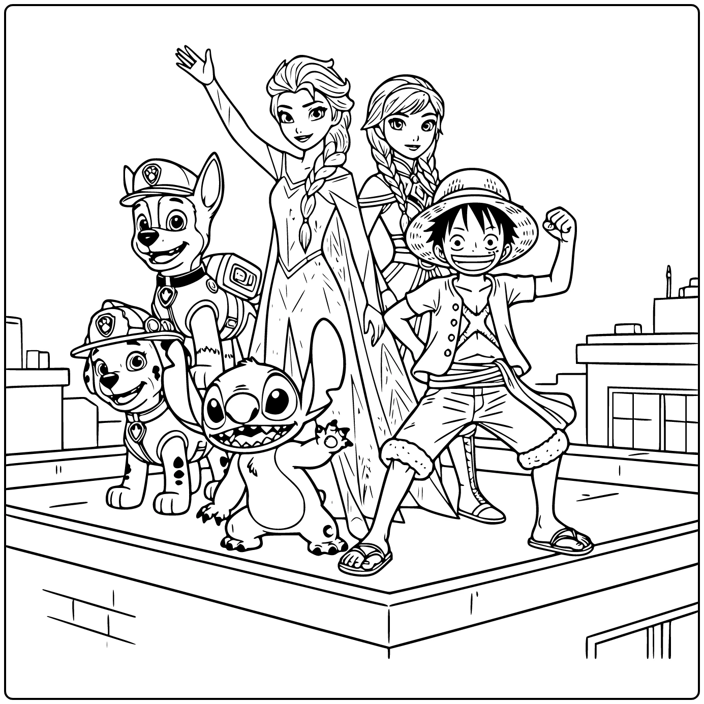 cartoon coloring page with Stitch, Paw Patrol, Frozen, and One Piece together