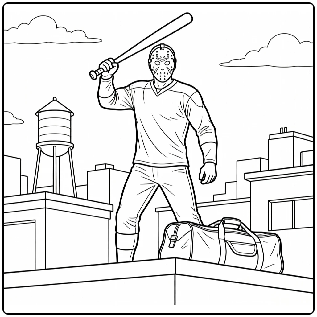 Casey Jones Hero on Roof with Bat and Sporttas coloring page