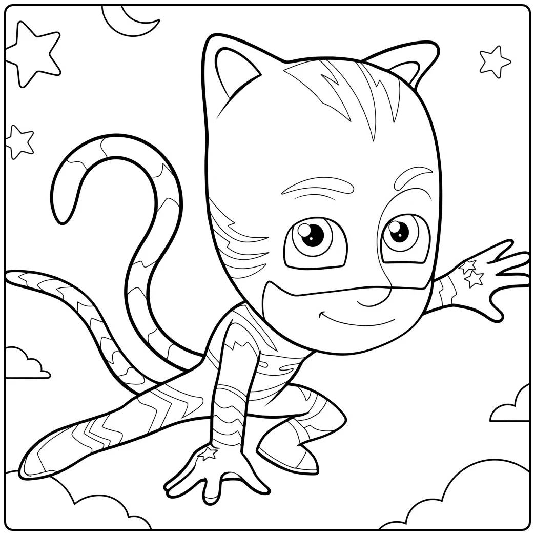 Catboy PJ Masks Night Action with Clouds coloring page