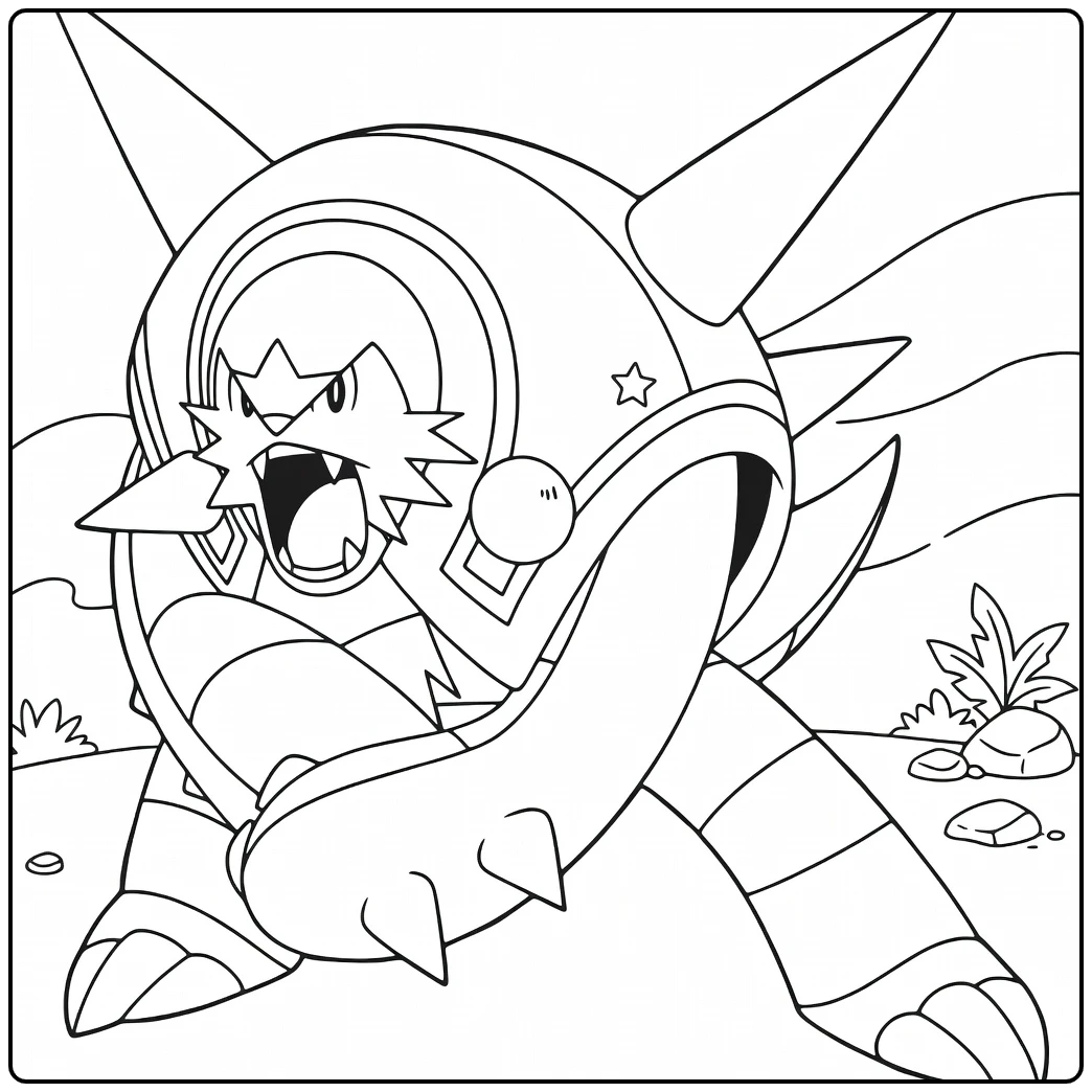 Chesnaught in Action Pose with Shield coloring page