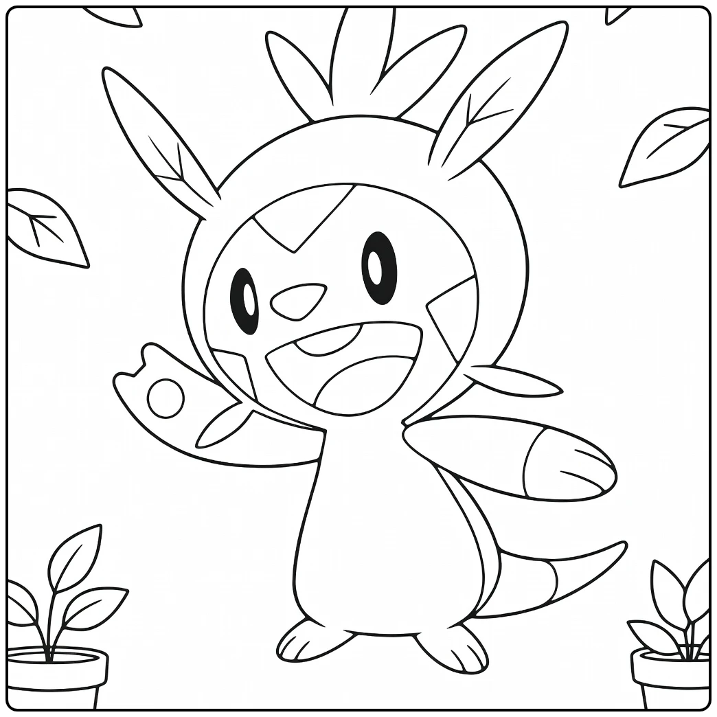 Smiling Chespin with Plants coloring page