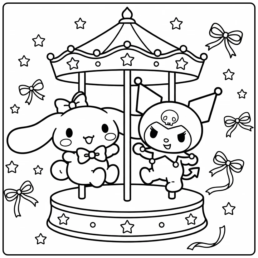 Cinnamoroll and Kuromi on a Carousel coloring page