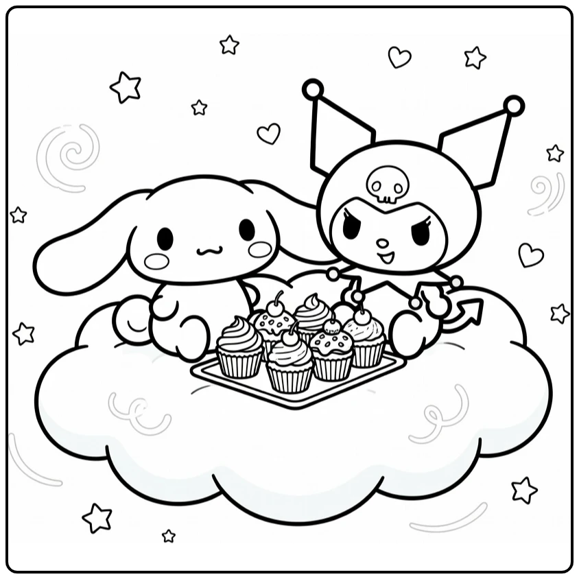 Cinnamoroll and Kuromi on Fluffy Cloud with Hearts coloring page