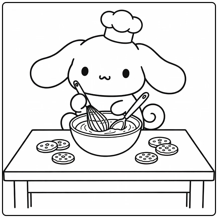 Cinnamoroll as Cook with Whisk and Cookies coloring page