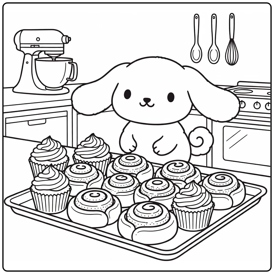 Cinnamoroll with Cupcakes and Sandwiches coloring page
