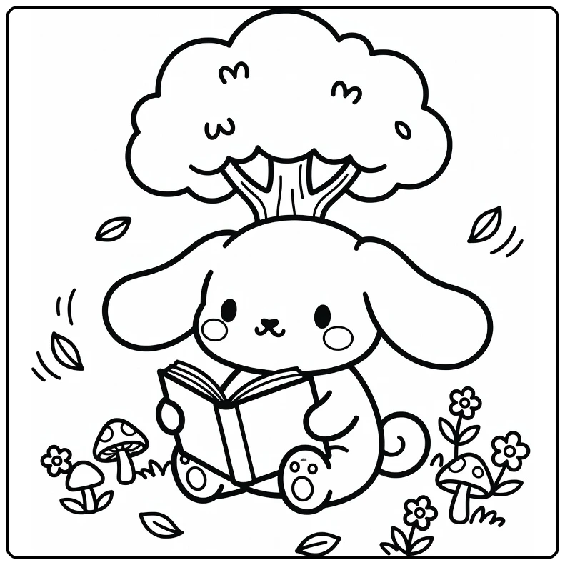 Cinnamoroll Reading Under Tree with Leaves coloring page