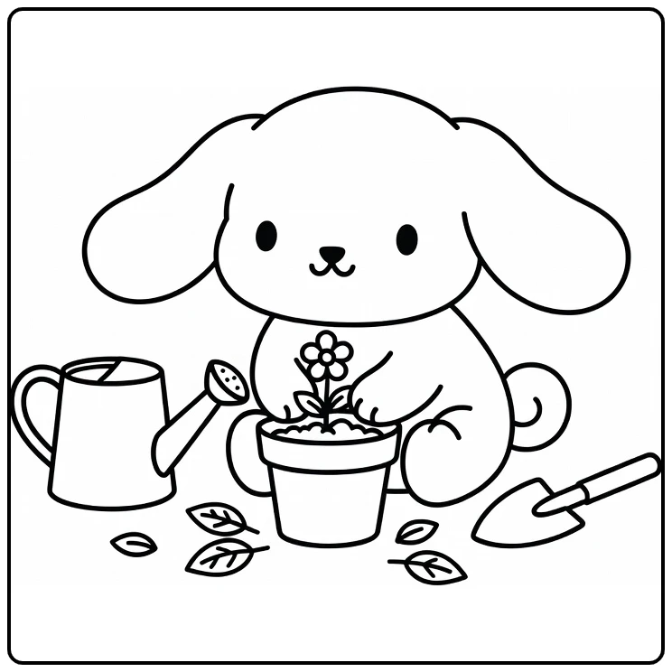Cinnamoroll with Watering Can and Shovel coloring page