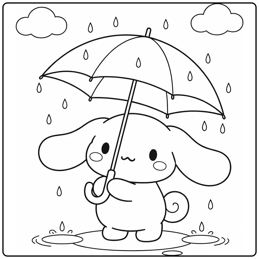 Cinnamoroll with Big Umbrella in Rain coloring page