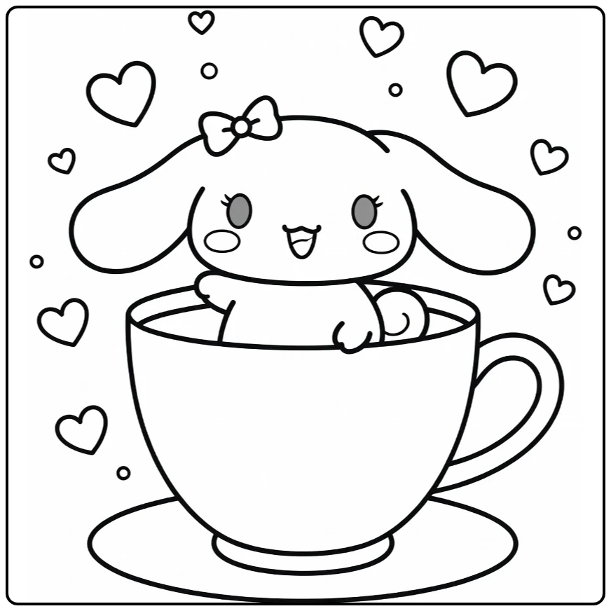 Cinnamoroll Cute Happy in Teacup with Bubbles coloring page