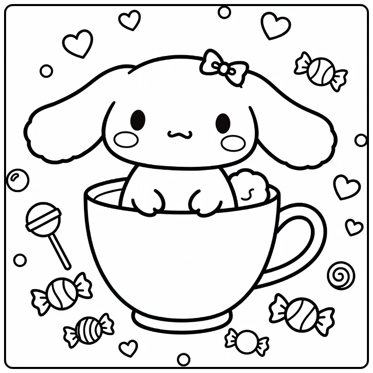Cute Cinnamoroll with Small Bow in Cup coloring page
