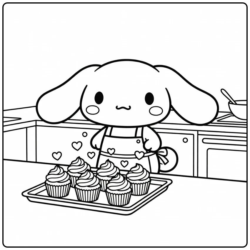 Cinnamoroll Cute Cupcakes Baking with Hearts Swirls coloring page