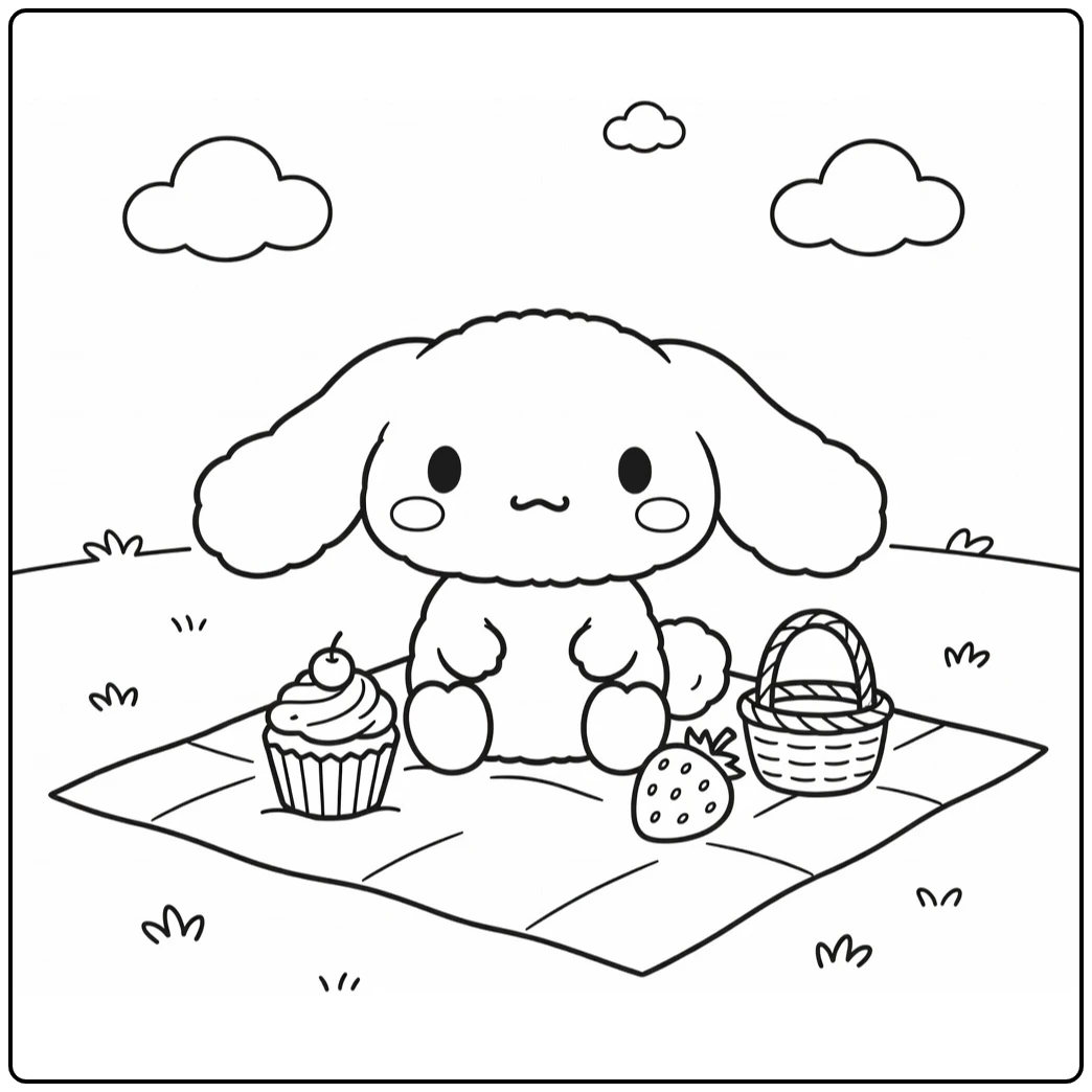 Cinnamoroll Cute Enjoying on Blanket with Basket coloring page