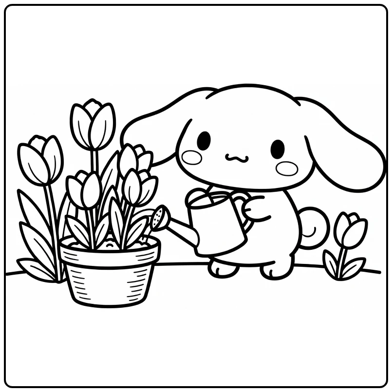 Cinnamoroll Cute with Blooming Tulips coloring page