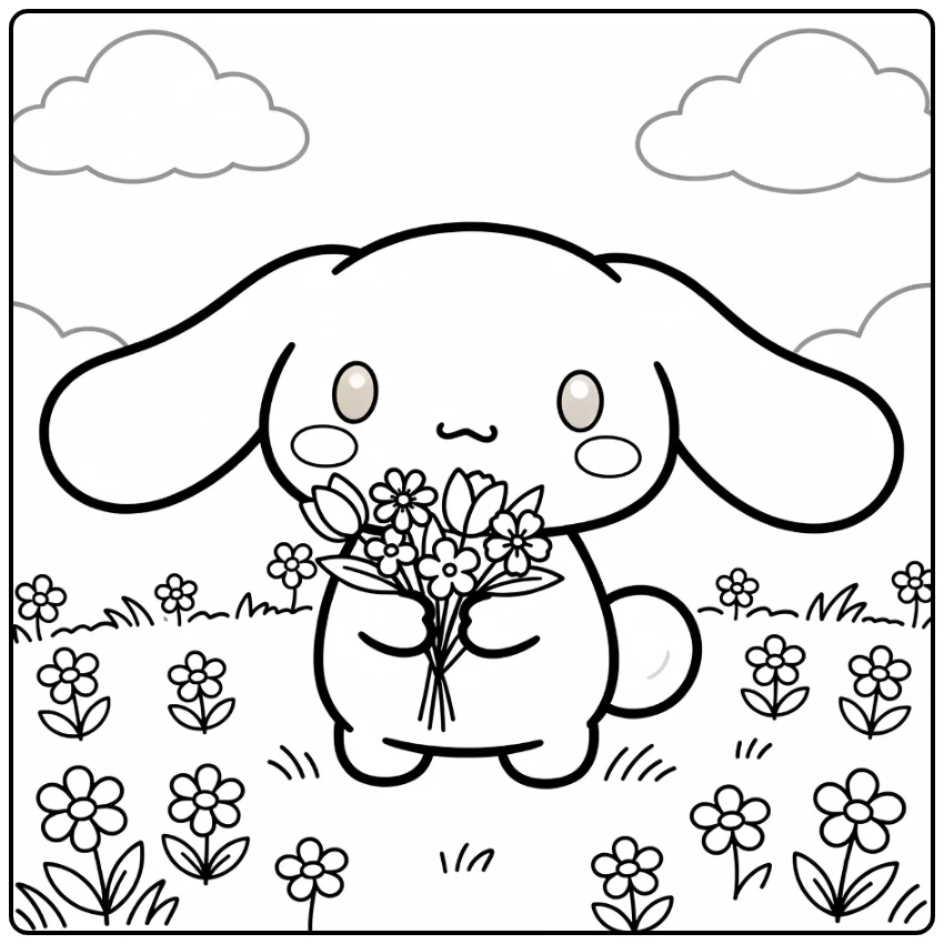 Cinnamoroll Cute with Bouquet and Daisies coloring page