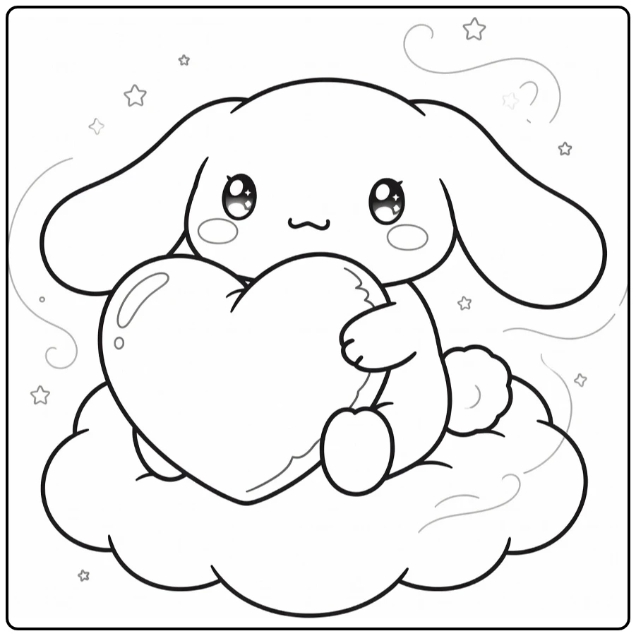 Cute Cinnamoroll on Fluffy Cloud with a Heart coloring page