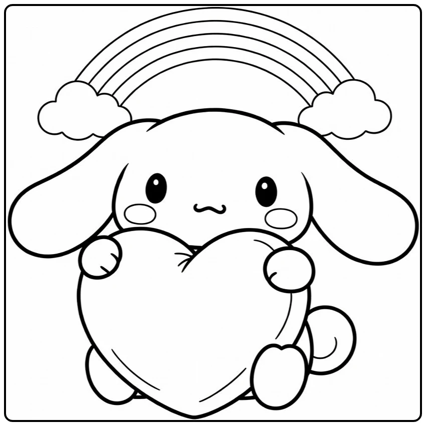 cute Cinnamoroll coloring page hugging a heart pillow under a rainbow