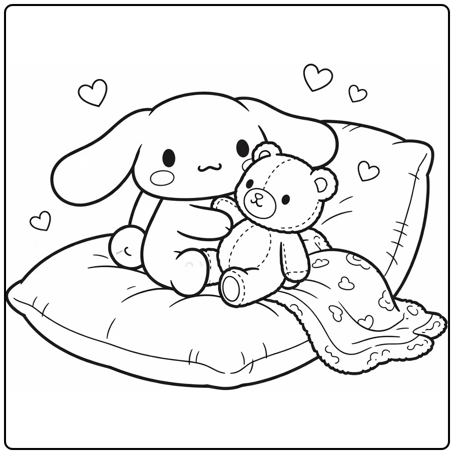 Cinnamoroll Cute on Pillow with Hearts coloring page