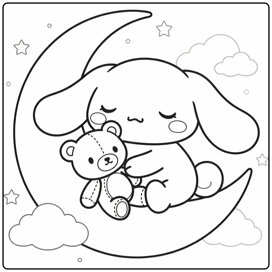 Cute Cinnamoroll Sleeping on Crescent Moon with a Teddy Bear coloring page