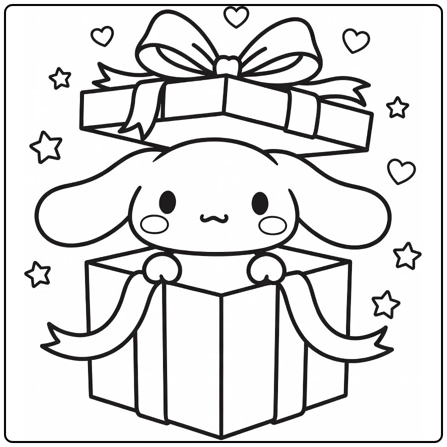 Cinnamoroll Cute Surprise in Small Box with Hearts coloring page