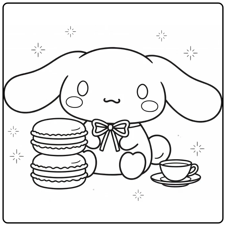 Cinnamoroll Cute Sitting Next to Macarons with Saucer coloring page