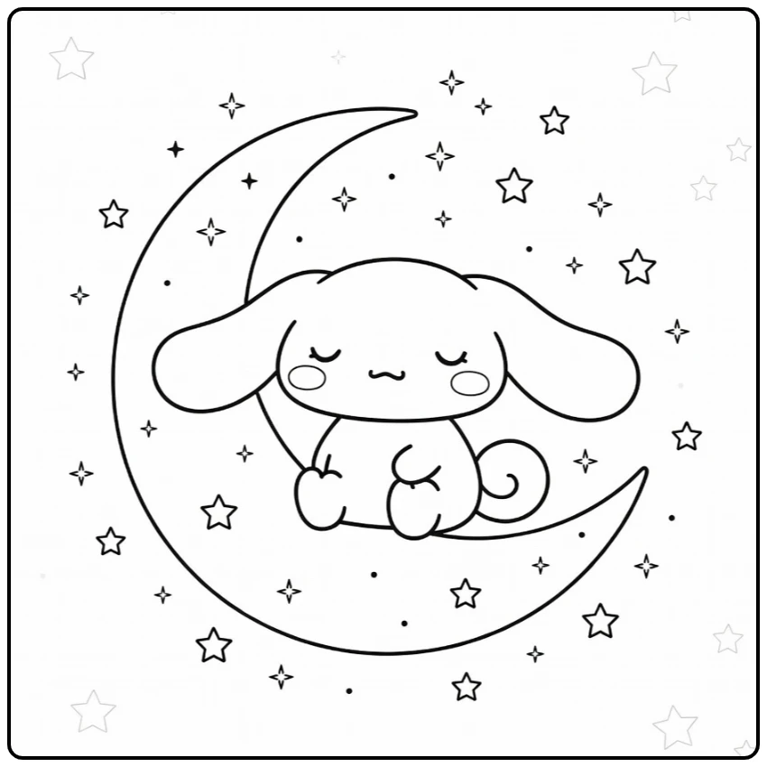 Cinnamoroll Cute Sitting Peacefully on Moon with Little Stars coloring page