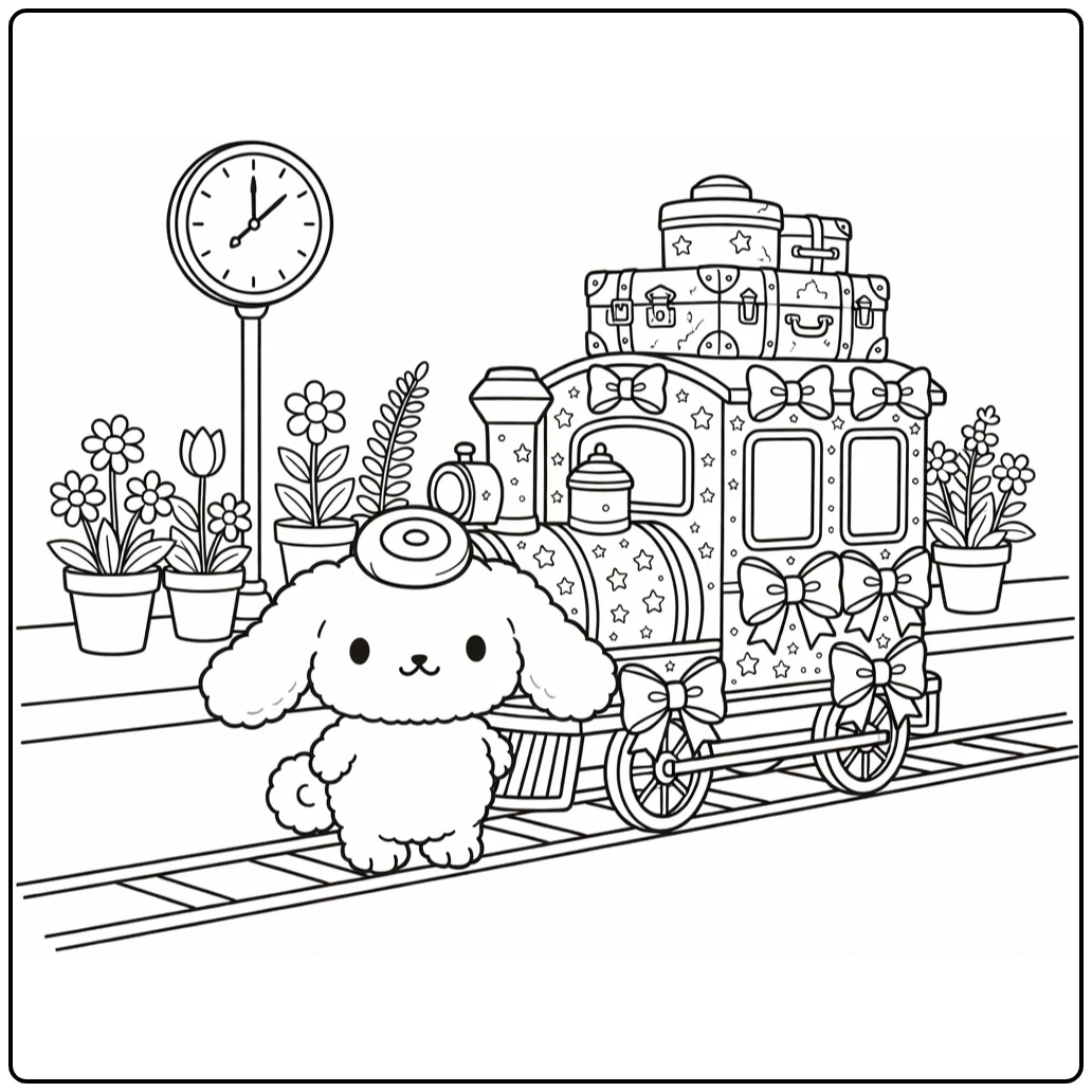 Cinnamoroll Detailed with Vintage Train Scene coloring page
