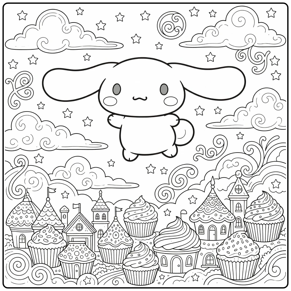 Detailed Cinnamoroll Above a Cupcake Village coloring page