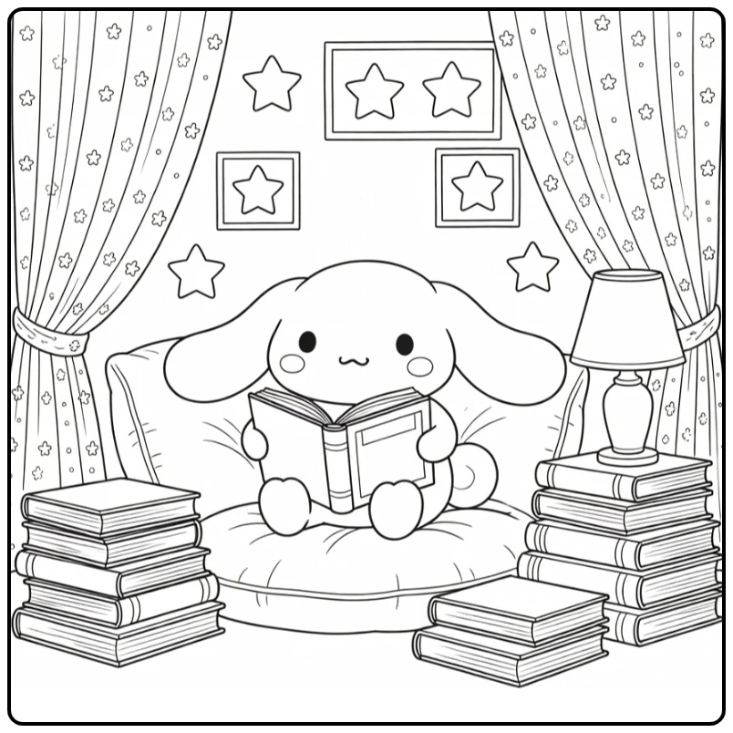 Detailed Cinnamoroll Reading with Stars and Curtains coloring page