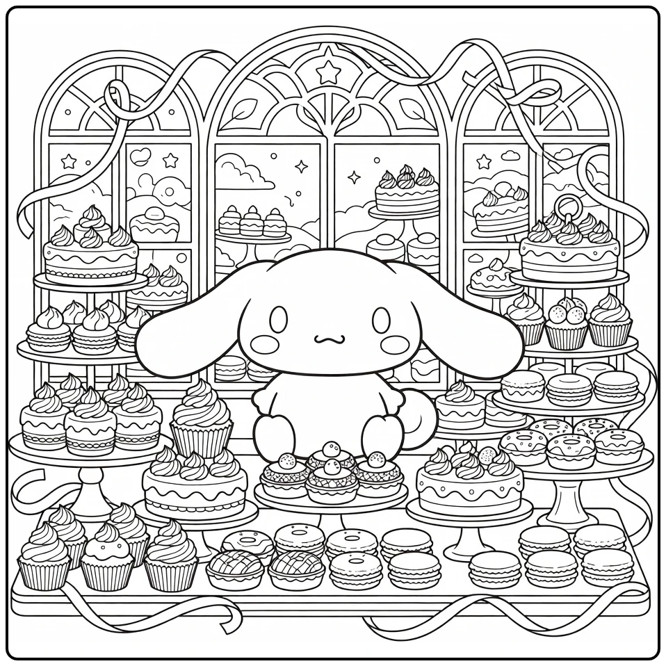 Detailed Cinnamoroll in a Fantasy Bakery coloring page