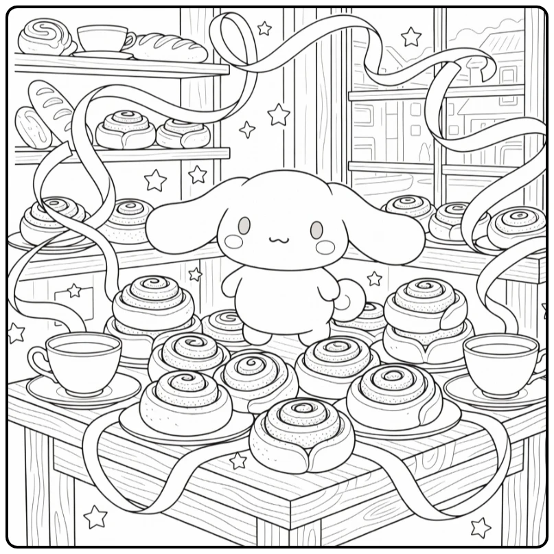 Cinnamoroll Detailed in Cozy Bakery with Cups coloring page