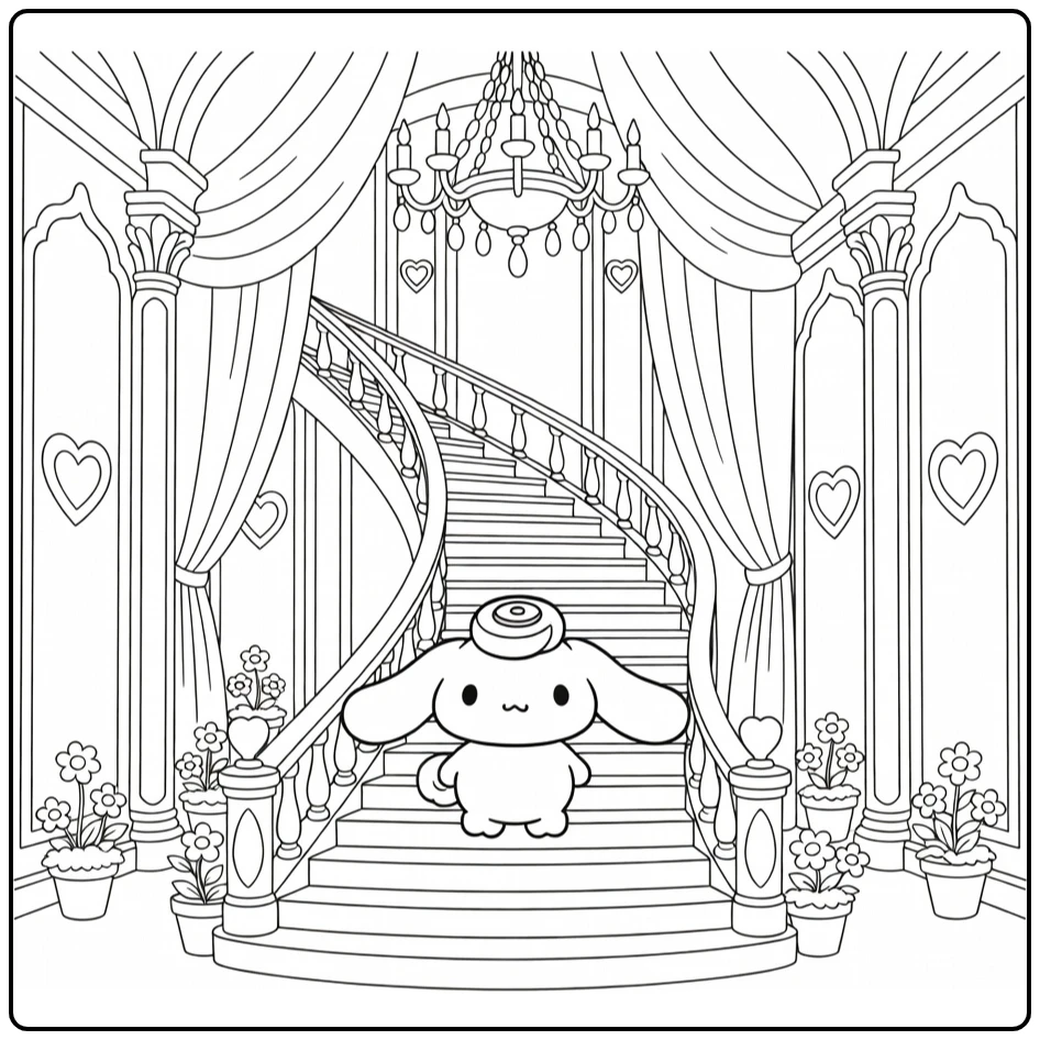 Cinnamoroll Detailed in Cute Castle with Hearts coloring page