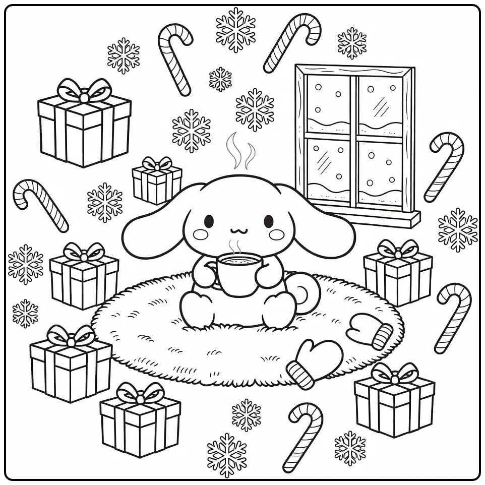 Detailed Cozy Winter Scene with Cinnamoroll coloring page