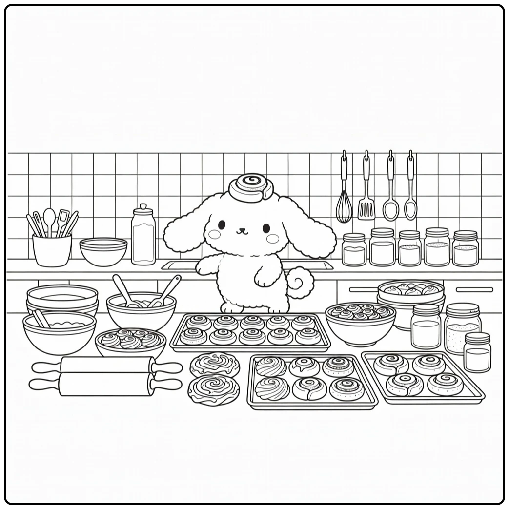 Cinnamoroll Detailed with Bowls and Rolling Pins coloring page