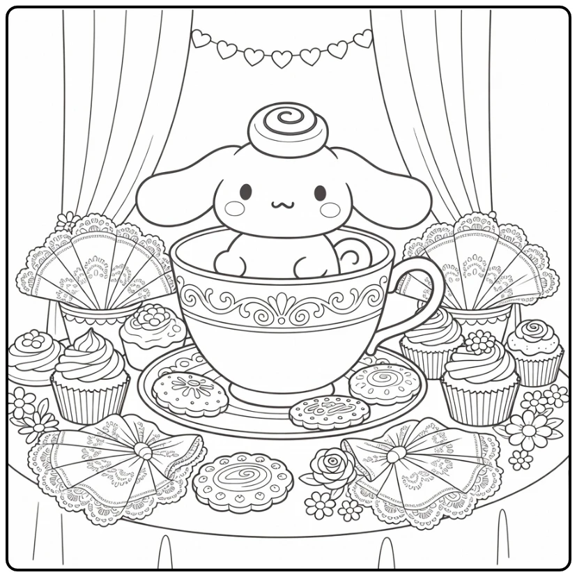 Cinnamoroll Detailed with Tea Table and Cupcakes coloring page
