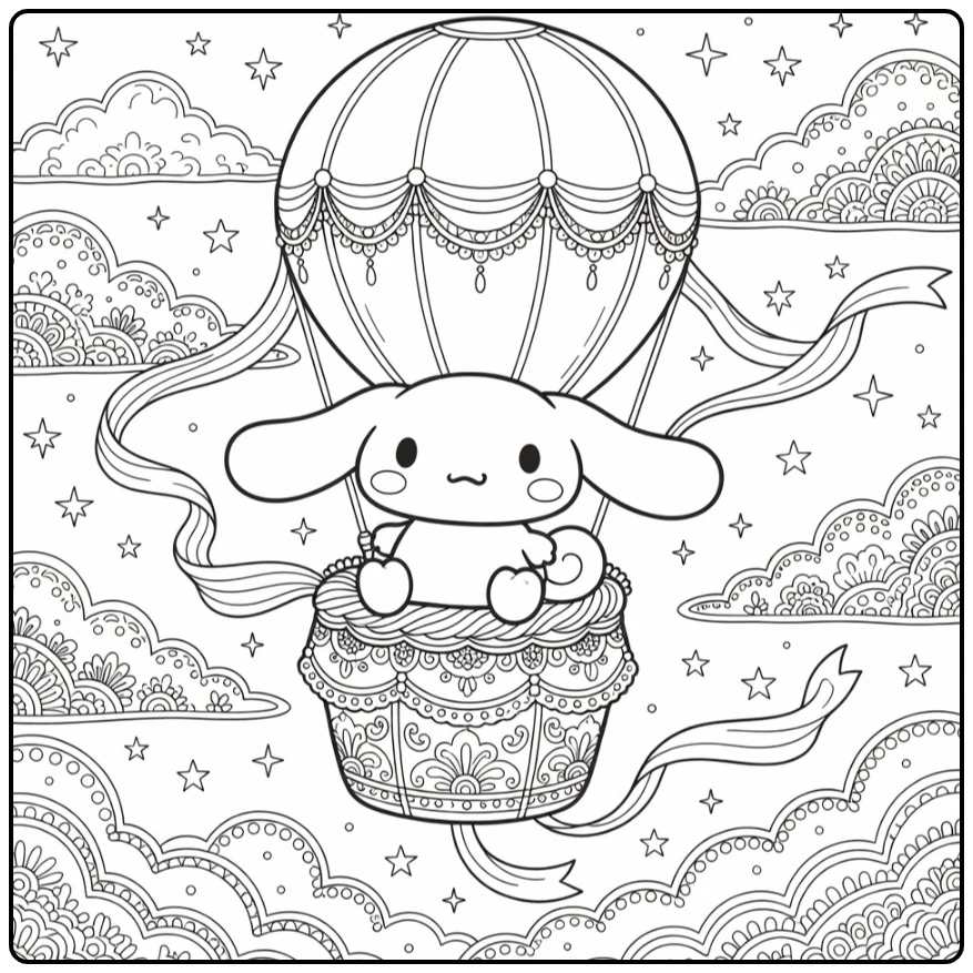 Detailed Cinnamoroll with Clouds and Stars coloring page