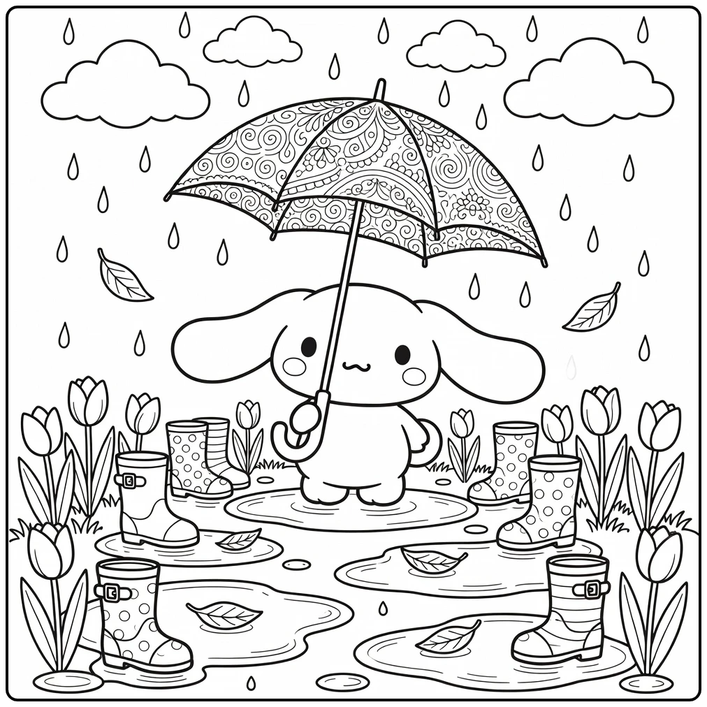 Cinnamoroll Detailed Rain with Puddles Tulips coloring page