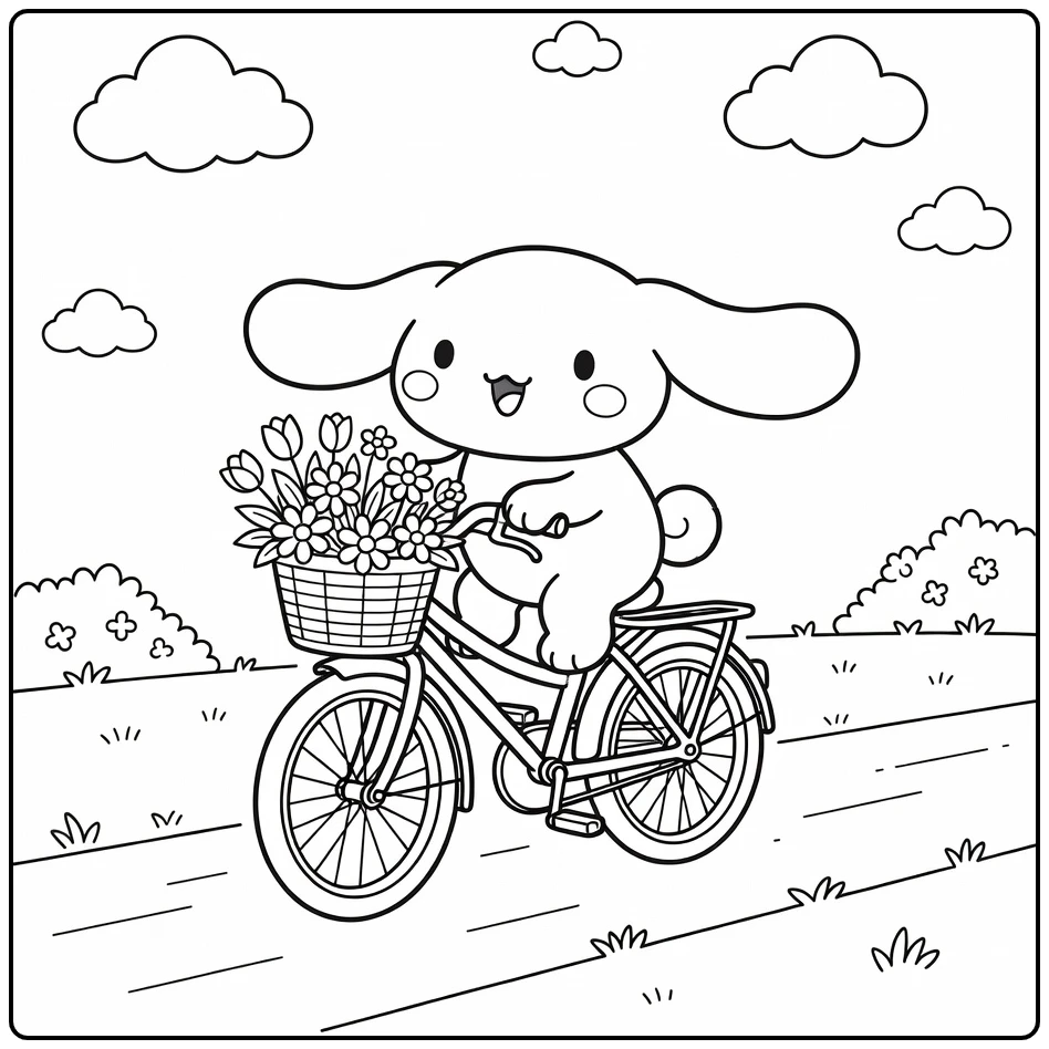 Cinnamoroll on Small Bike with Flowers coloring page