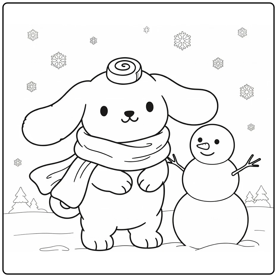 Cinnamoroll Scarf Snowman Snowflakes coloring page