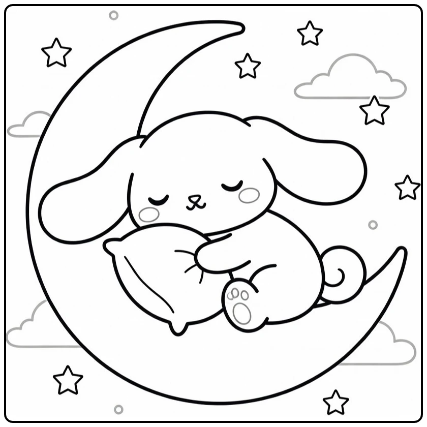 Cinnamoroll Sleeping on Moon Hugging Pillow coloring page