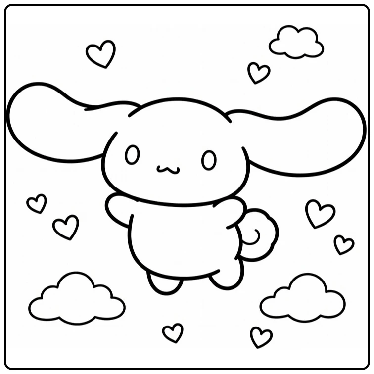 Cinnamoroll Soft Flying with Hearts and Small Clouds coloring page