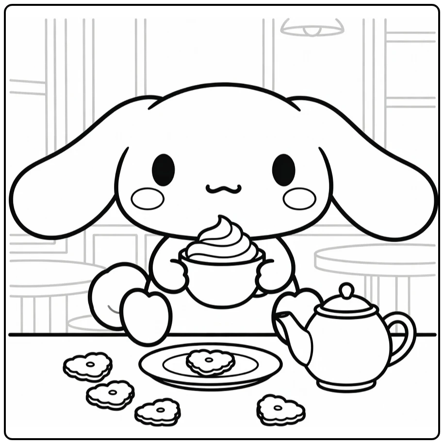 Cinnamoroll Sitting Cheerful in Cute Cafe coloring page