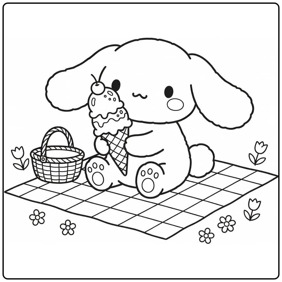 Cinnamoroll coloring page with an ice cream cone, flowers, and a picnic basket