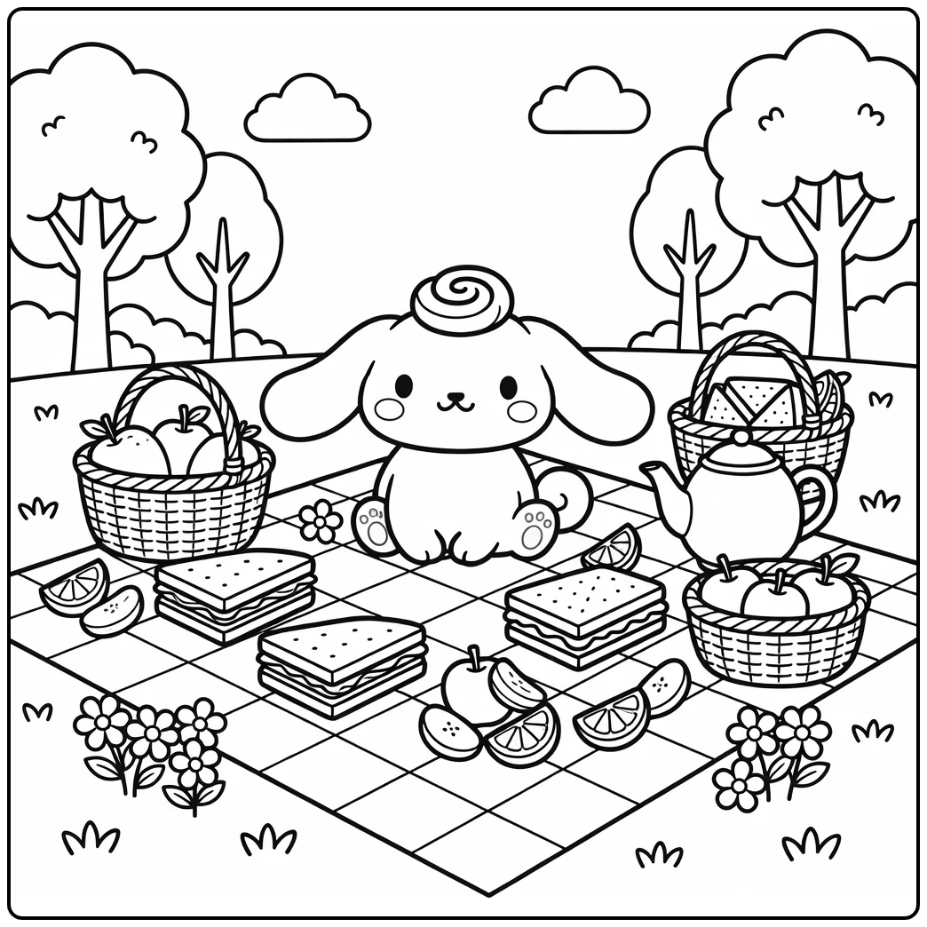 detailed Cinnamoroll coloring page with a picnic, fruit, flowers, and a teapot